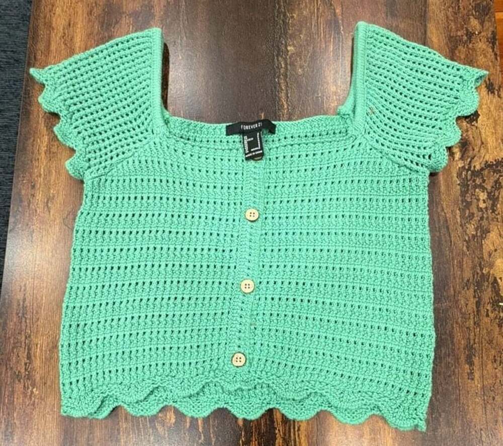 Forever 21 Crochet Crop Top Size S Green Square Neck